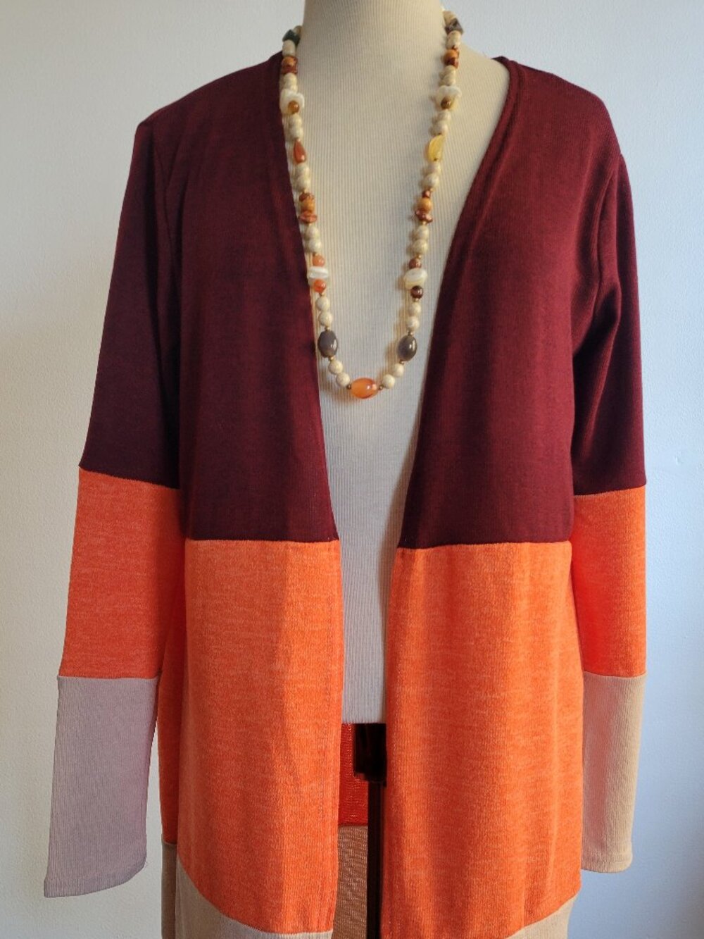 Colorblock Open-Front Duster Cardigan Sweater | Burgundy, Orange & Beige | S